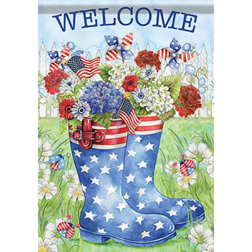 Decorative flag with blue wellington boots, American flags, and flowers on a white background