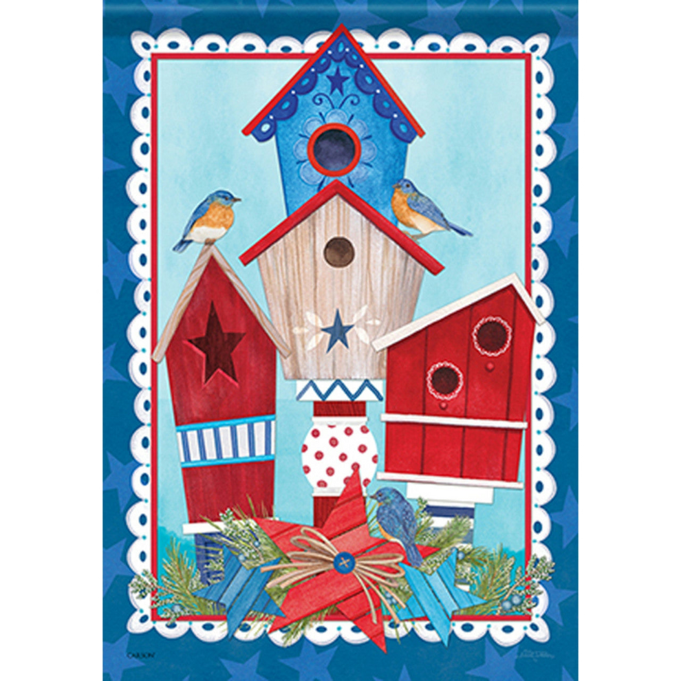 Decorative flag with colorful birdhouses and birds on a blue background