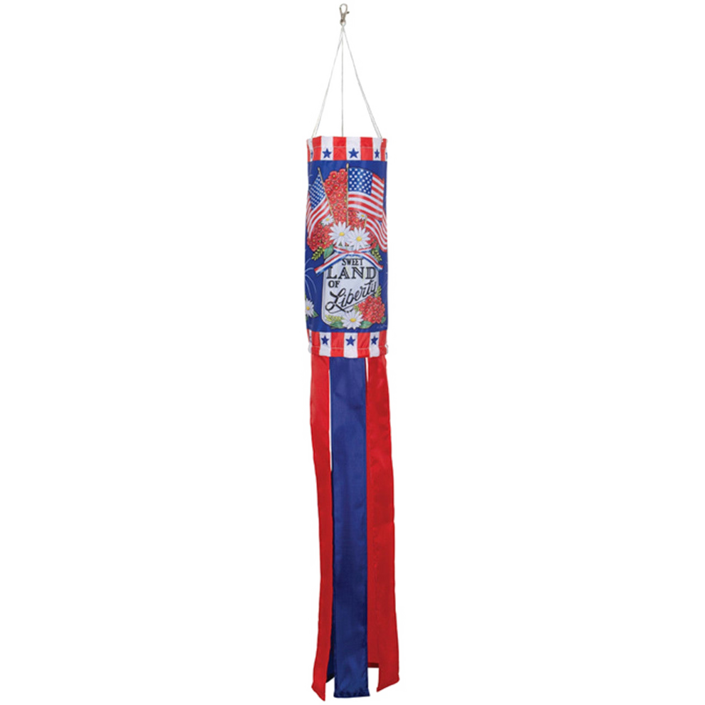 Decorative windsock with American flag design on a white background