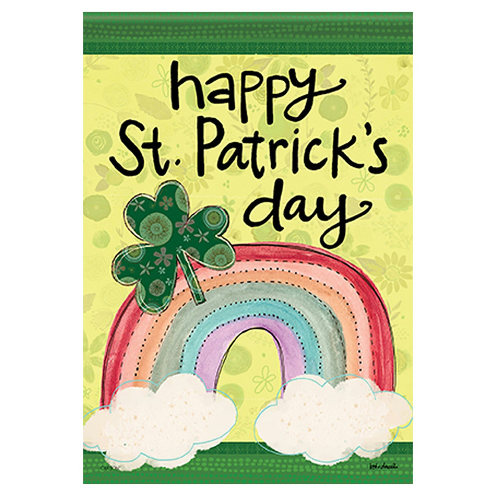 St. Patrick's Day flag with rainbow, shamrock, and text on a green border