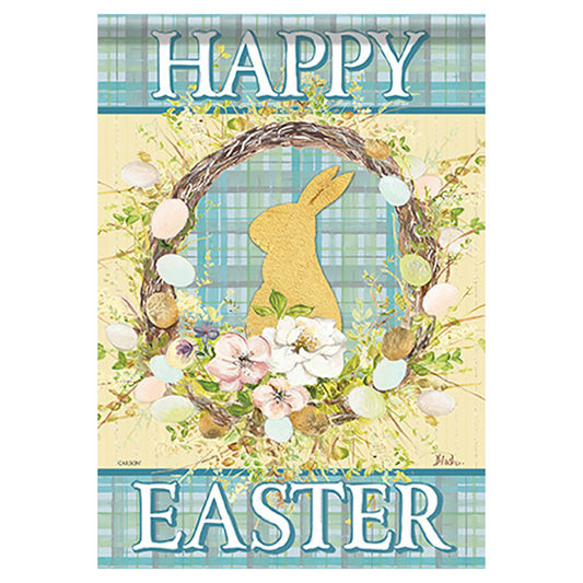 Easter flag with a bunny, eggs, and flowers on a plaid background