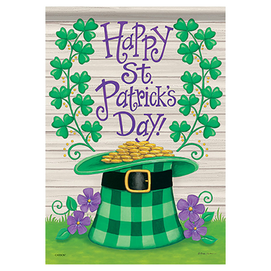 St. Patrick's Day decorative flag with green hat, gold coins, and shamrocks on a wooden background.