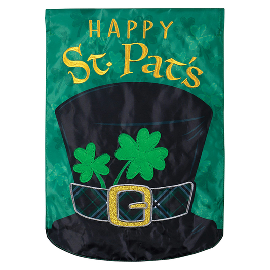 Decorative flag with a leprechaun hat, shamrocks, and 'Happy St. Pat's' text on a green background.
