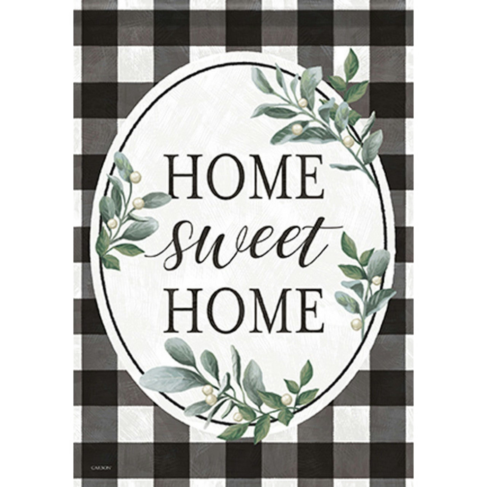 Decorative flag with 'Home sweet home' text and greenery on a black and white checkered background
