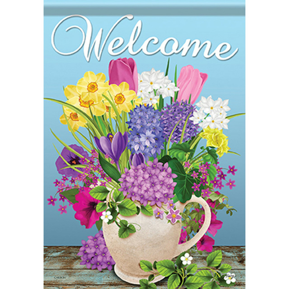 Decorative flag with colorful flowers in a teacup and 'Welcome' text on a blue background