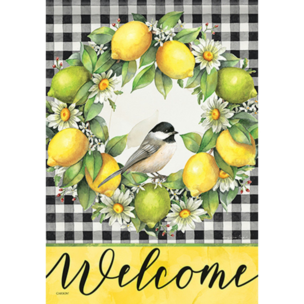 Decorative flag with lemons, a bird, and flowers on a checkered background with 'Welcome' text.