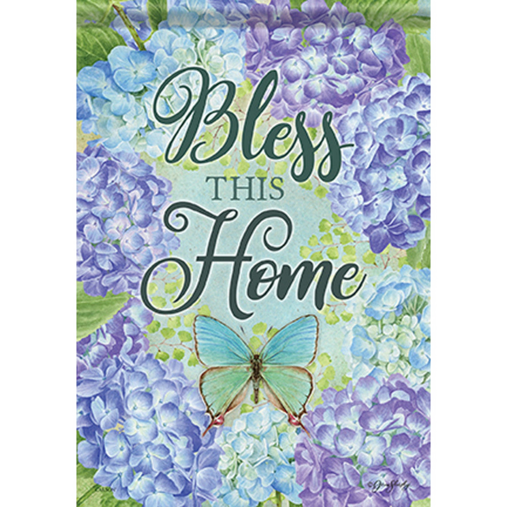 Decorative flag with 'Bless This Home' text surrounded by blue and purple flowers and a butterfly.