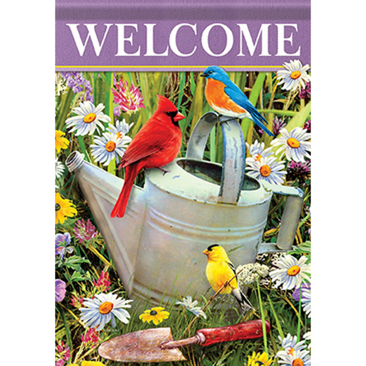 Decorative garden flag with birds and flowers, featuring a red cardinal, blue bird, and yellow bird on a watering can.