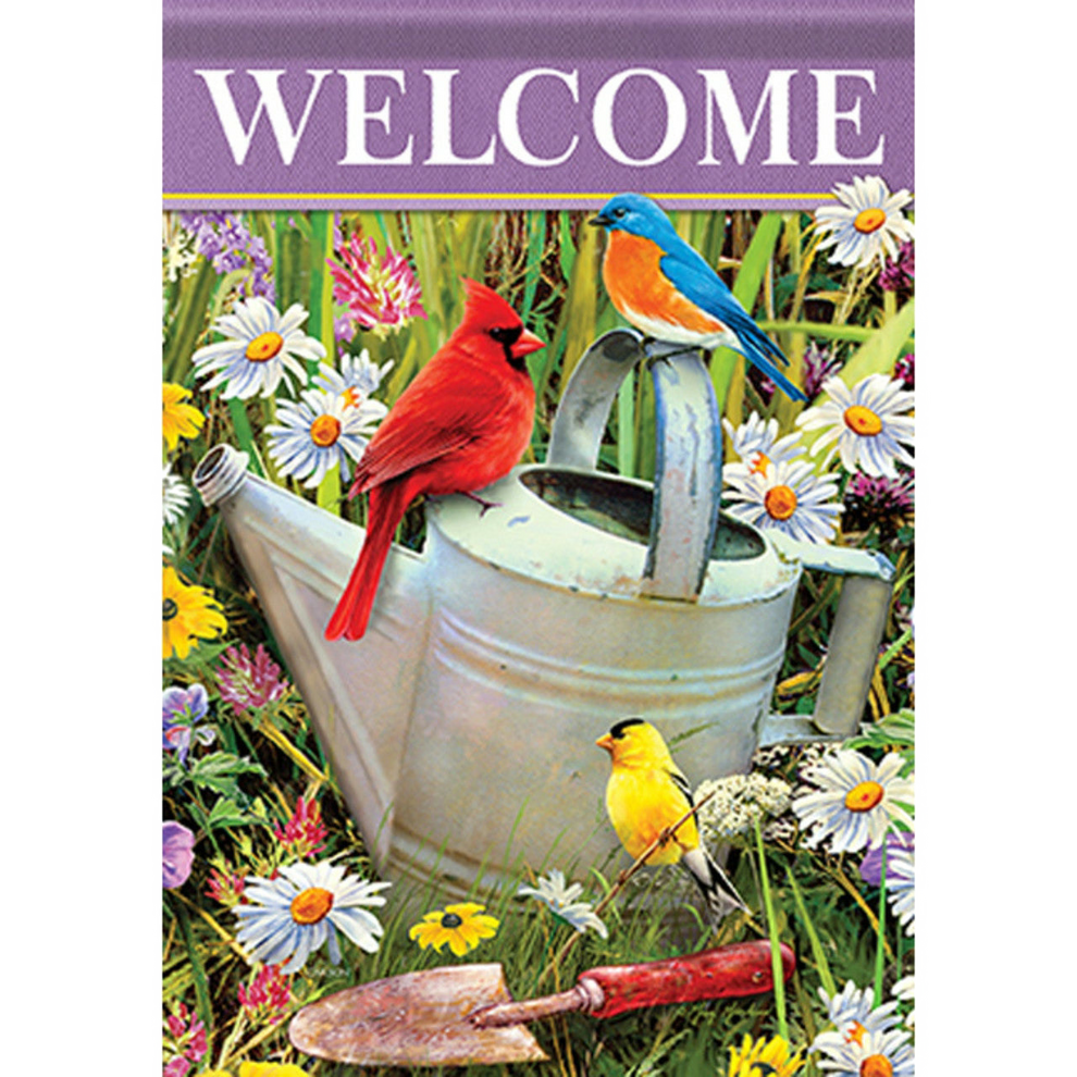 Decorative garden flag with birds and flowers, featuring a red cardinal, blue bird, and yellow bird on a watering can.