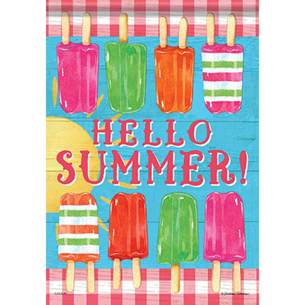 Decorative flag of popsicles with 'Hello Summer!' text on a checkered background