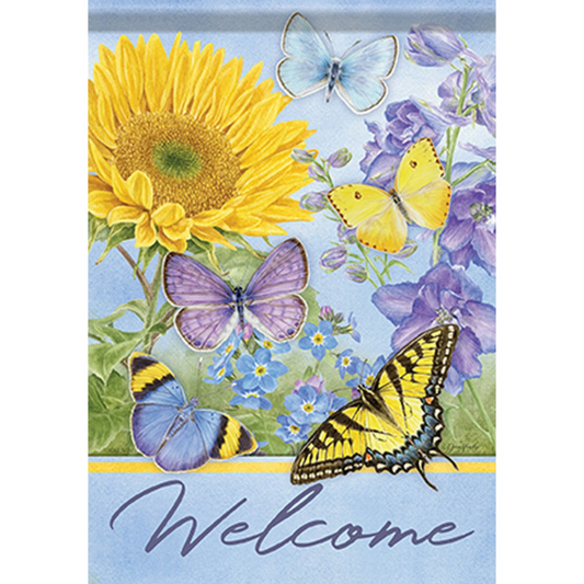 Decorative flag with sunflower, butterflies, and flowers with 'Welcome' text on a light blue background.