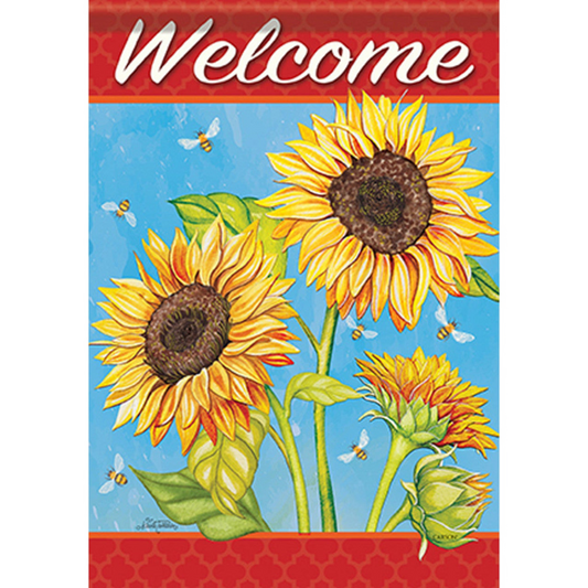 Decorative flag with sunflowers and bees on a blue background with 'Welcome' text at the top.