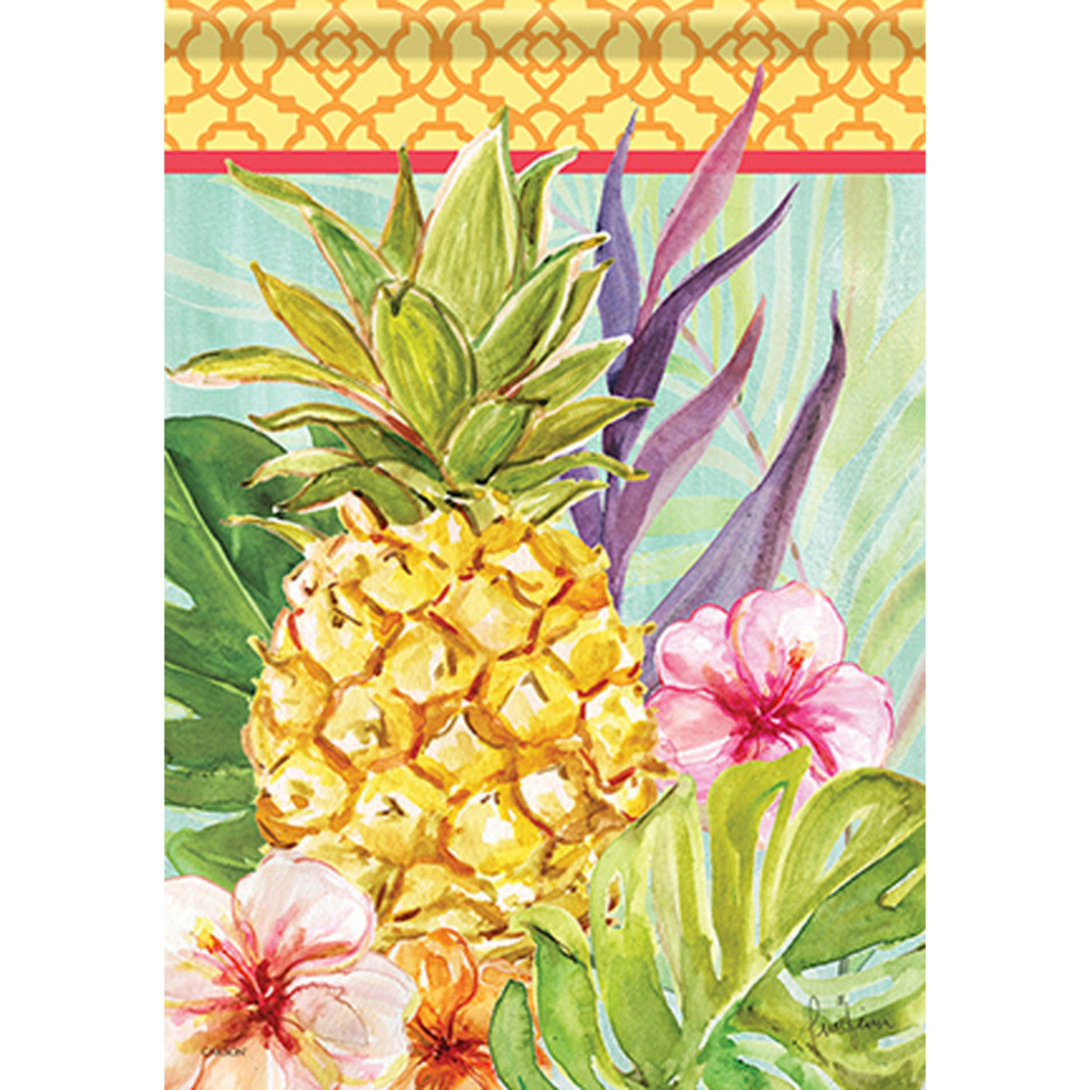 Decorative flag of a pineapple surrounded by tropical plants and flowers on a patterned background.