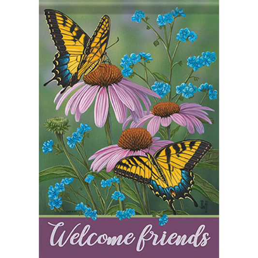 Decorative flag with butterflies and flowers and 'Welcome friends' text.