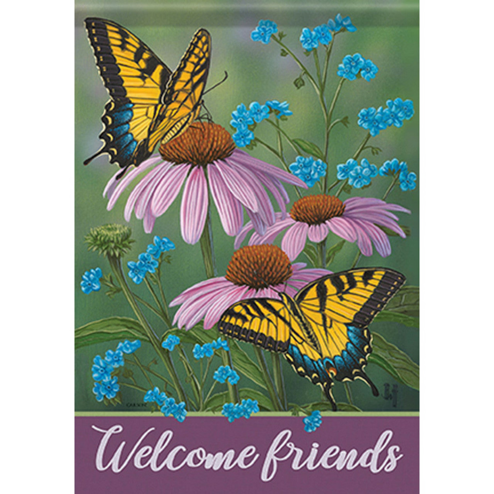Decorative flag with butterflies and flowers and 'Welcome friends' text.