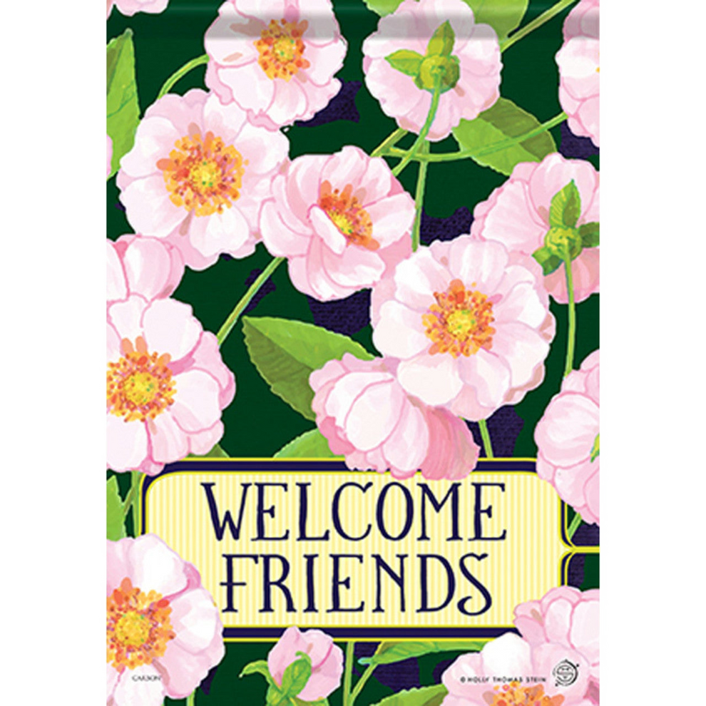 Decorative flag with 'Welcome Friends' text on a green background and floral design