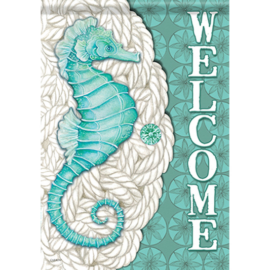 Decorative flag with a seahorse design and 'WELCOME' text on a teal and white background.