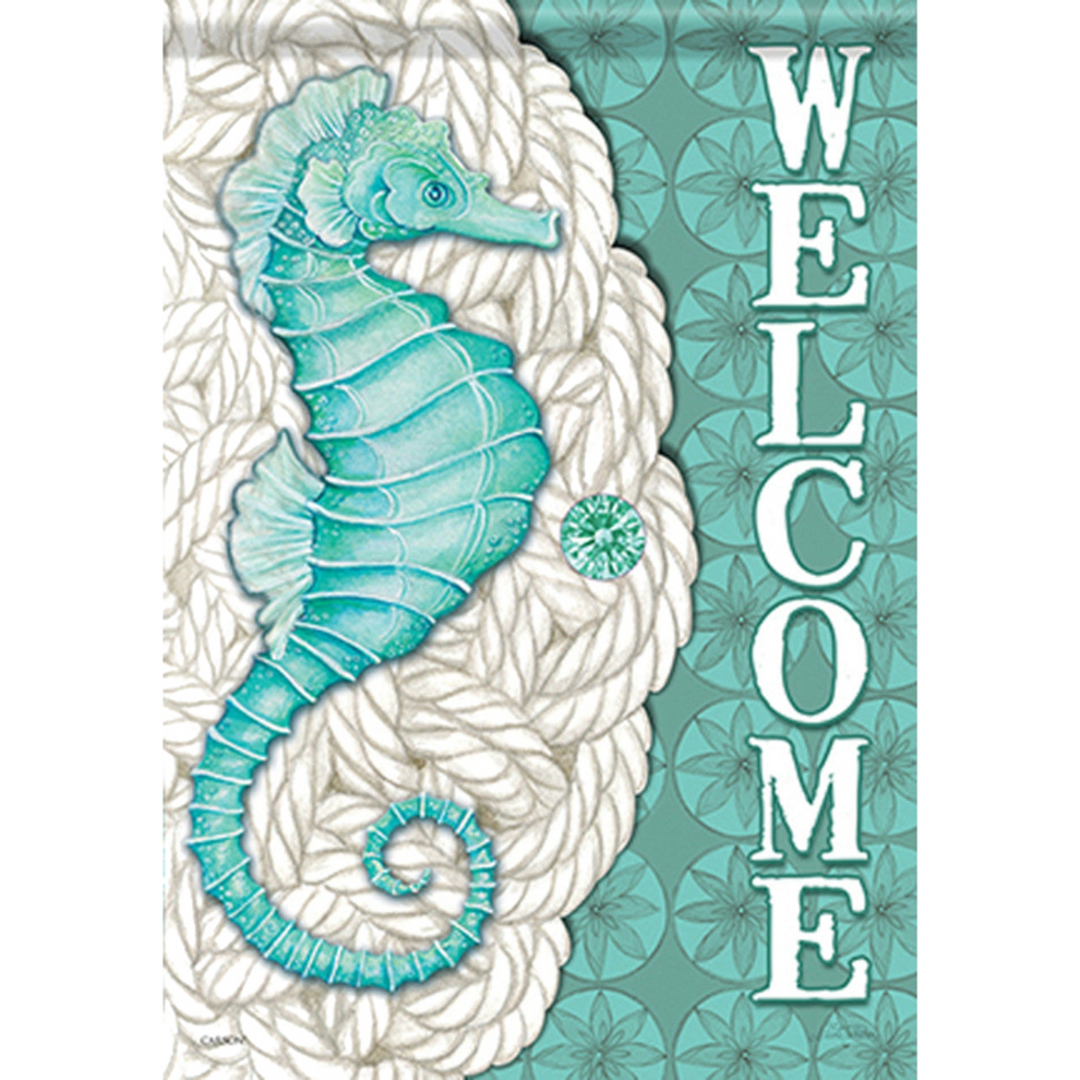 Decorative flag with a seahorse design and 'WELCOME' text on a teal and white background.