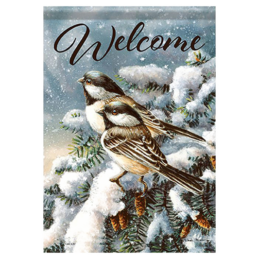 Decorative flag with two birds on a snowy branch and the word 'Welcome'.