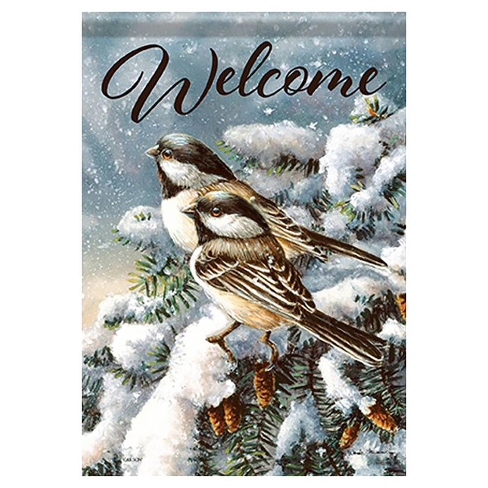 Decorative flag with two birds on a snowy branch and the word 'Welcome'.