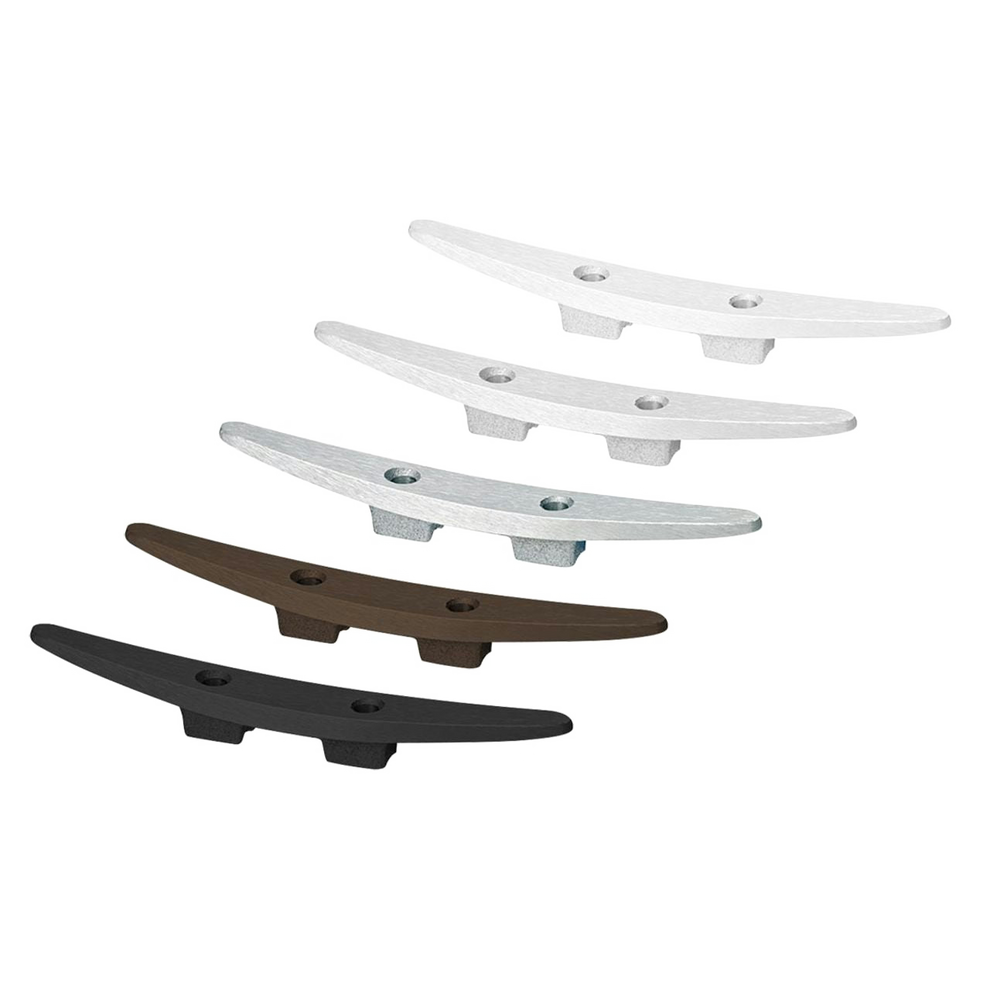 Set off five different aluminum cleats designed for a flagpole in white, silver, bronze, and black finishes on a white background