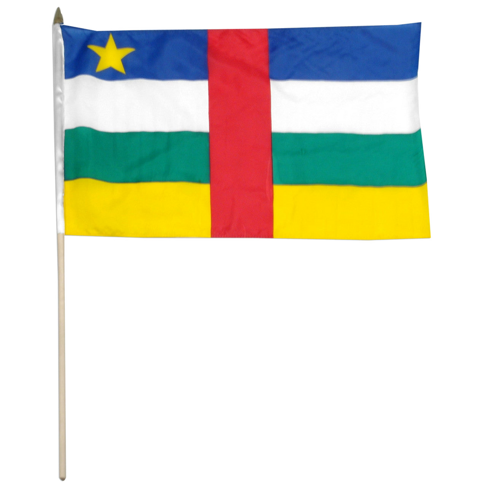 Flag of the Central African Republic with a yellow star on a blue field, white, red, green, and yellow horizontal stripes.
