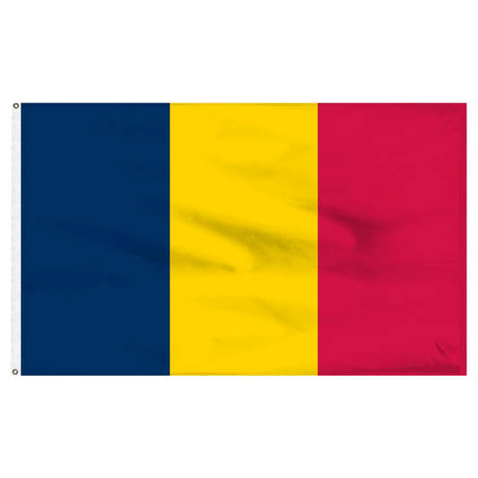 The national flag of Chad featuring three equal vertical bands of blue, yellow, and red, with a white header and metal grommets on the left side, shown flat against a white background.