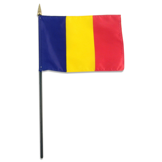A Romania flag featuring vertical stripes in blue, yellow, and red.