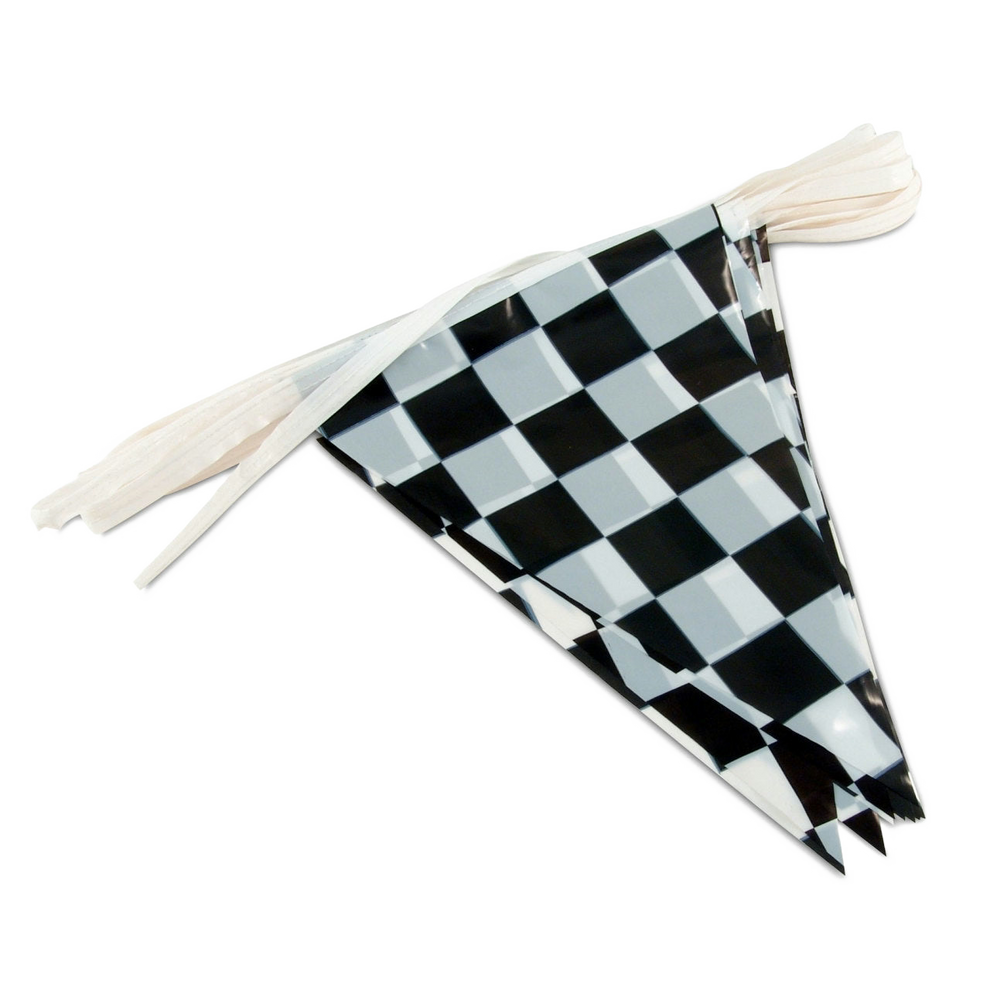 Black and white checkered triangular pennant banner on a white string.