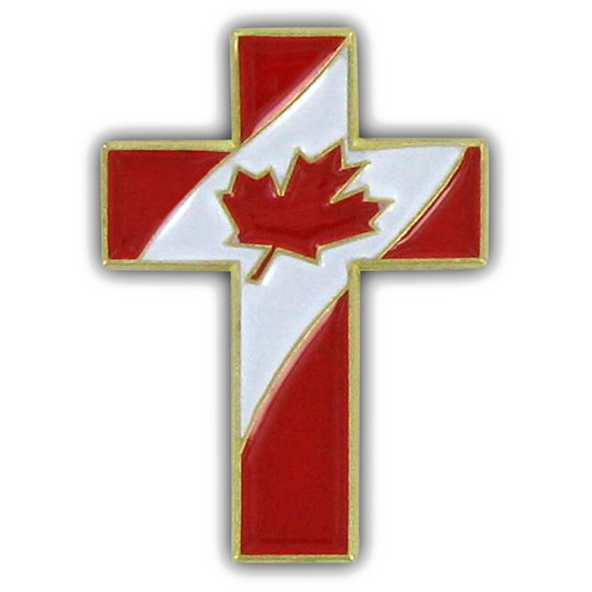 Cross shaped lapel pin with Canadian flag design