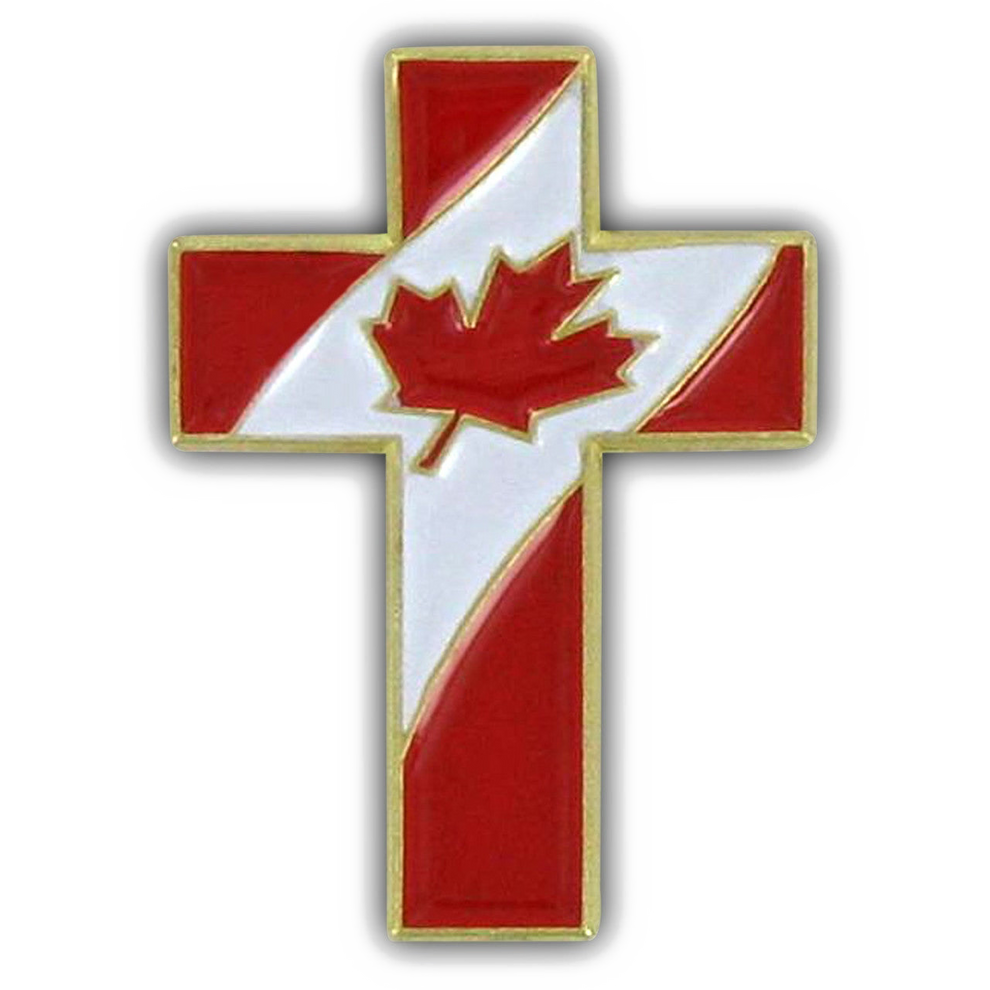 Cross shaped lapel pin with Canadian flag design