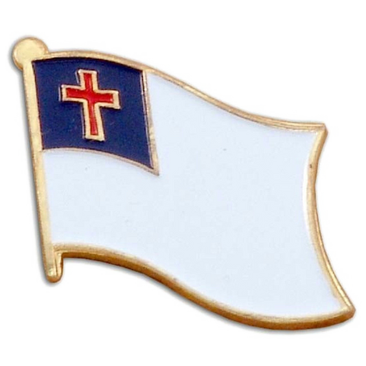 Flag-shaped lapel pin with a red cross on a blue field, gold border, and white background