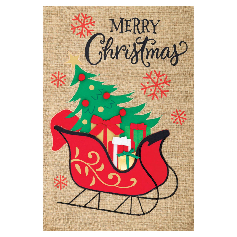 Christmas-themed decorative flag with a red sleigh, green tree, and presents on a burlap background.