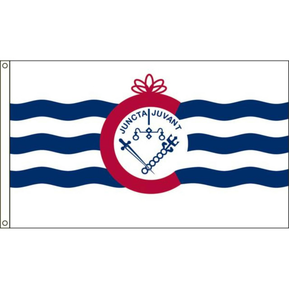 City of Cincinnati flag with a central emblem and wavy blue and white design on a white background