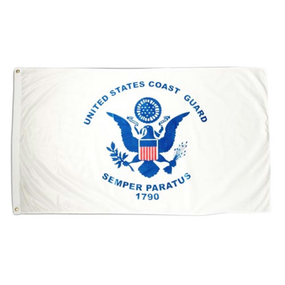United States Coast Guard flag with the service emblem and “Semper Paratus 1790” on a white field.