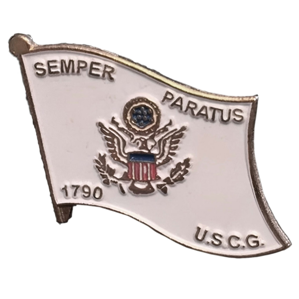Lapel pin of the United States Coast Guard insignia with eagle and text on white background