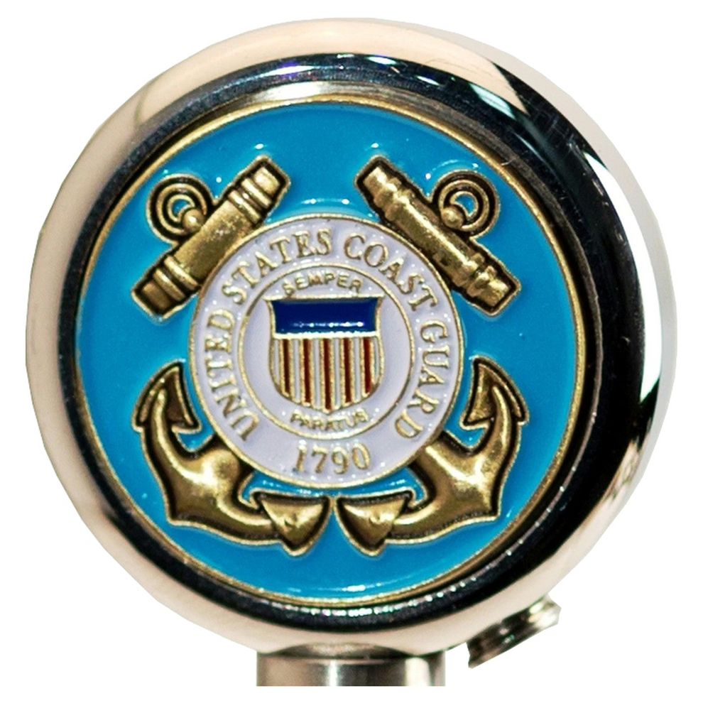 United States Coast Guard emblem on a round chrome base.