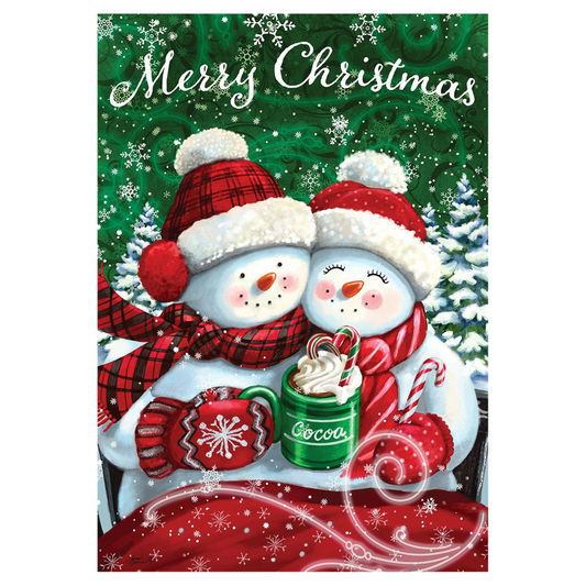 Christmas garden flag with two snowmen holding a mug of cocoa and candy canes, surrounded by festive decorations.