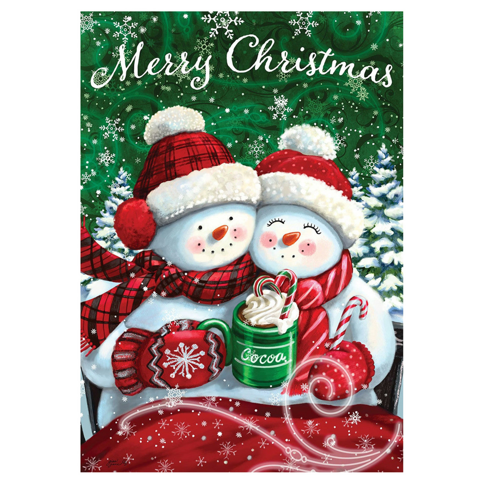 Christmas garden flag with two snowmen holding a mug of cocoa and candy canes, surrounded by festive decorations.