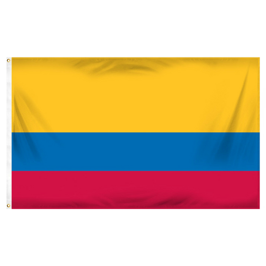 Columbian flag with yellow, blue, and red horizontal stripes on a white background