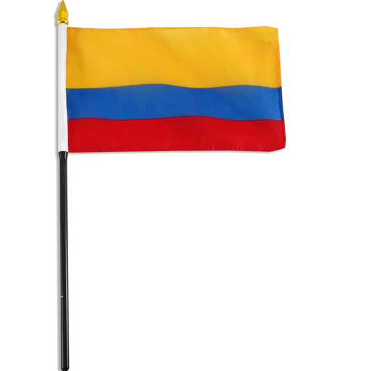 Columbian flag with yellow, blue, and red horizontal stripes on a white background