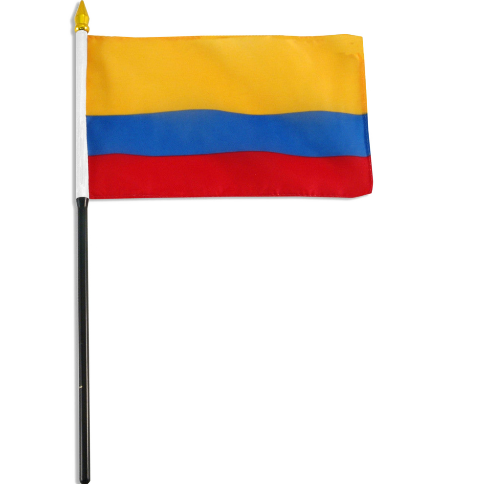 Columbian flag with yellow, blue, and red horizontal stripes on a white background
