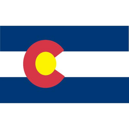 State of Colorado flag featuring the iconic blue and white horizontal stripes with the red 'C' and golden yellow disk design.