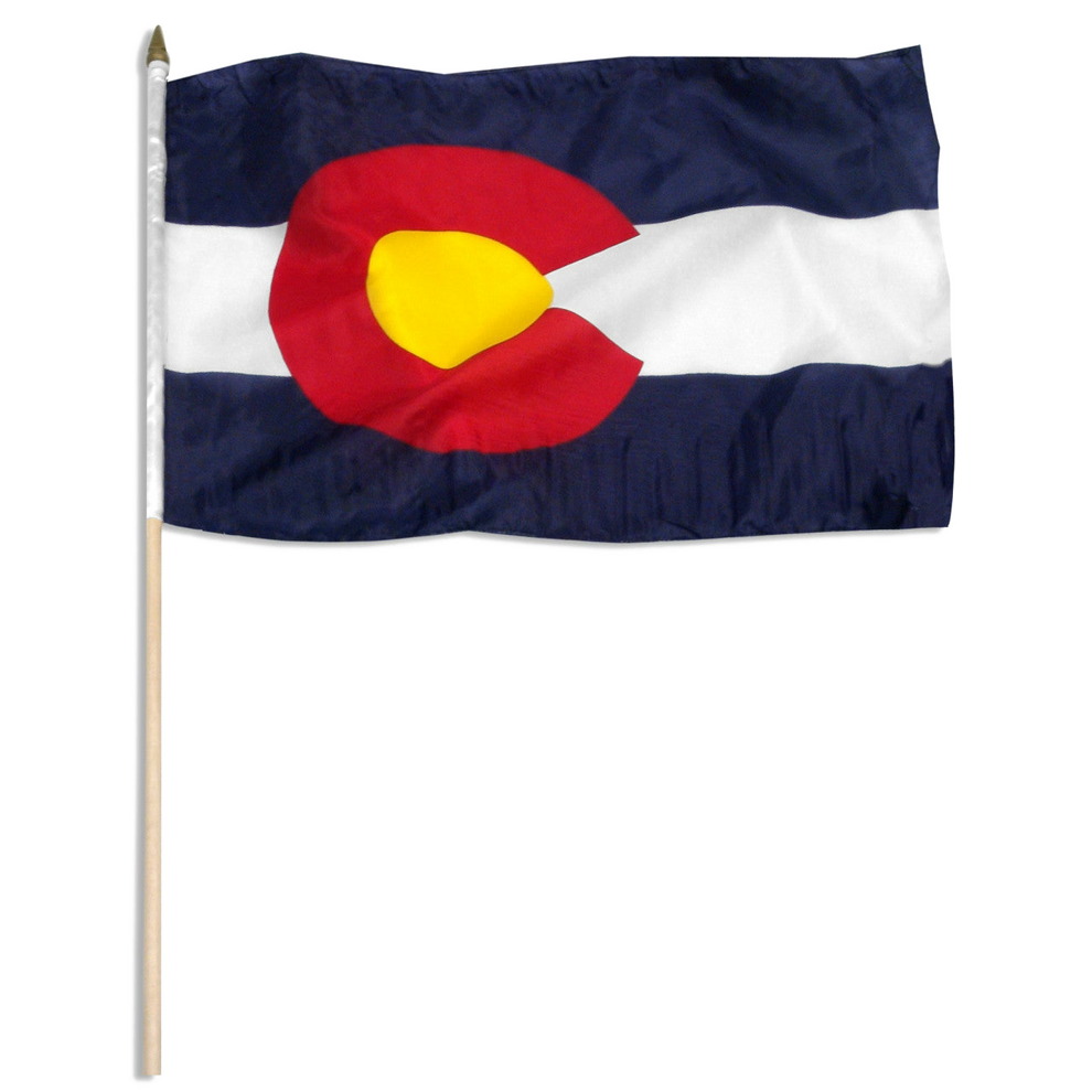 State of Colorado stick flag featuring the iconic blue and white horizontal stripes with the red 'C' and golden yellow disk design.