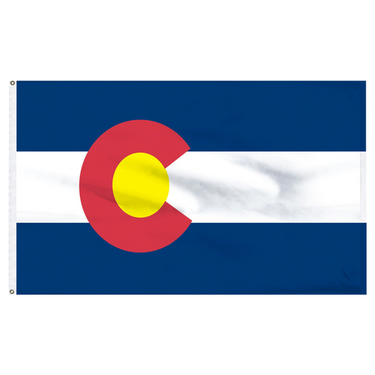  State of Colorado flag featuring the iconic blue and white horizontal stripes with the red 'C' and golden yellow disk design.