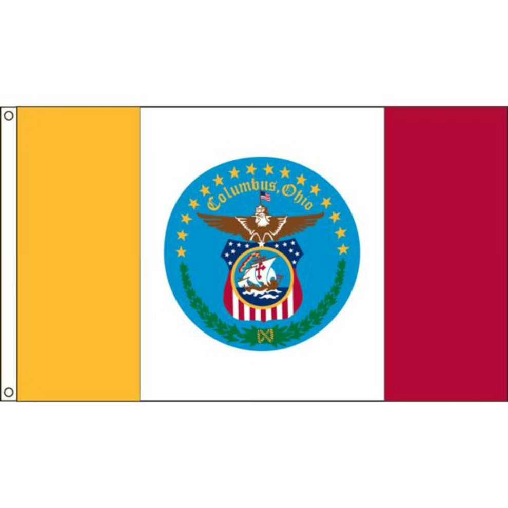 City of Columbus, Ohio flag with a central emblem featuring an eagle and stars, flanked by yellow and red sections on a white background.