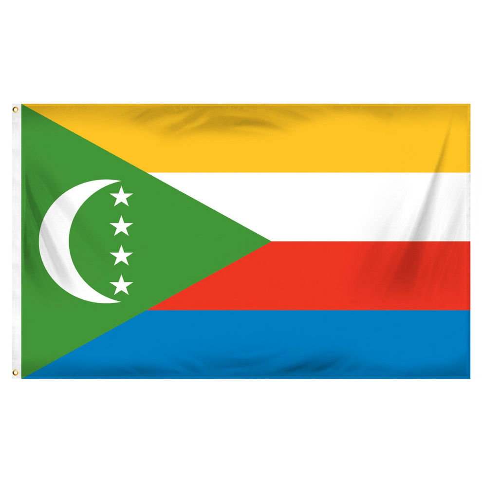 Flag of Comoros with green, yellow, white, red, and blue colors on a white background