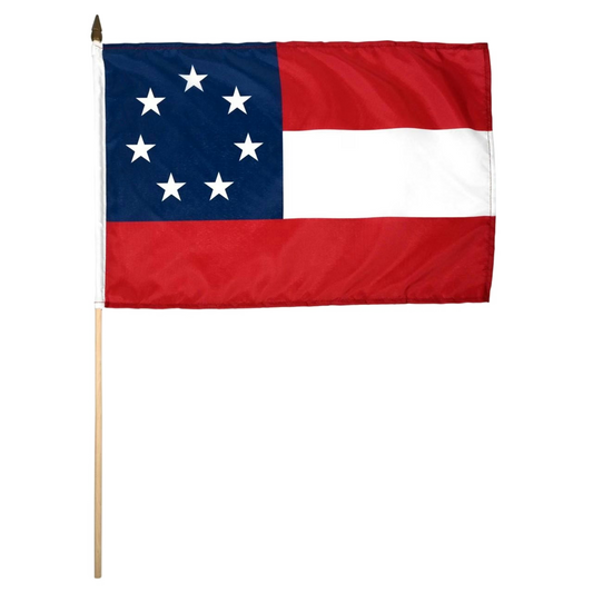 A Confederate First National flag with blue, red, and white stripes and white stars on a white background