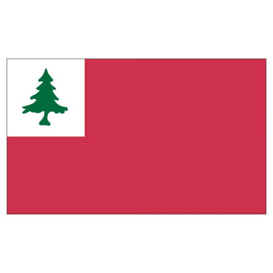 Historical New England flag featuring a solid red field with a green pine tree inside a white canton in the top left corner.