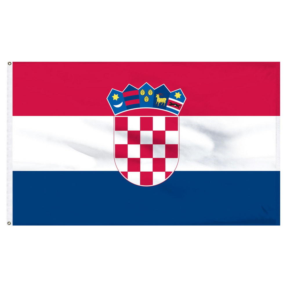 Flag of Croatia with red, white, and blue horizontal stripes and a central emblem.